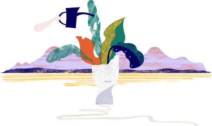 Head with a plant emerging being watered